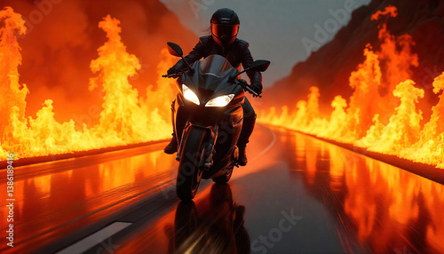 Obraz na płótnie Modern brave girl in helmet, black leather jacket rides racing motorcycle, background is engulfed in flames, w salonie