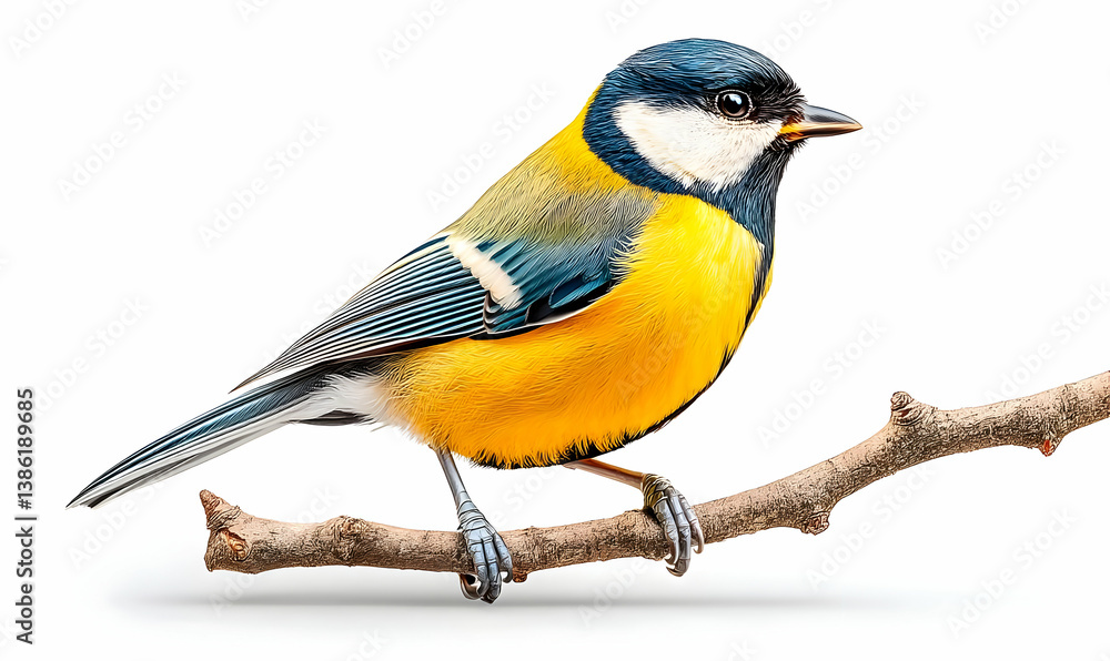 Naklejka premium Isolated Great Tit Bird on Branch with White Background