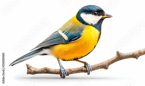 Isolated Great Tit Bird on Branch with White Background