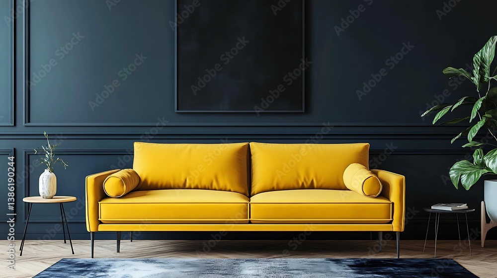 A yellow sofa rests against a dark blue paneled wall