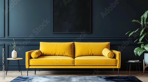 Obraz na płótnie A yellow sofa rests against a dark blue paneled wall w salonie