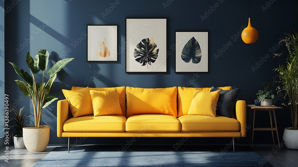 A Modern Living Room Interior Featuring Yellow Sofa And Art