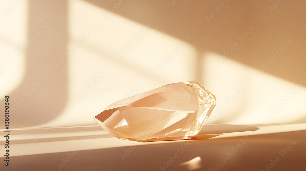 A translucent crystal is illuminated by soft natural sunlight on display