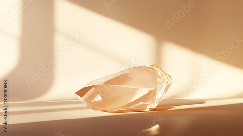 A translucent crystal is illuminated by soft natural sunlight on display