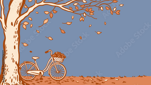 A picturesque scene with a bicycle resting beneath a vibrant autumn tree, illuminated by warm sunset hues, showcasing falling leaves and a serene natural environment.
