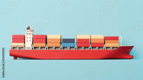 A colorful model of a container ship displayed against a light blue background, showcasing a variety of shipping containers stacked on its deck.