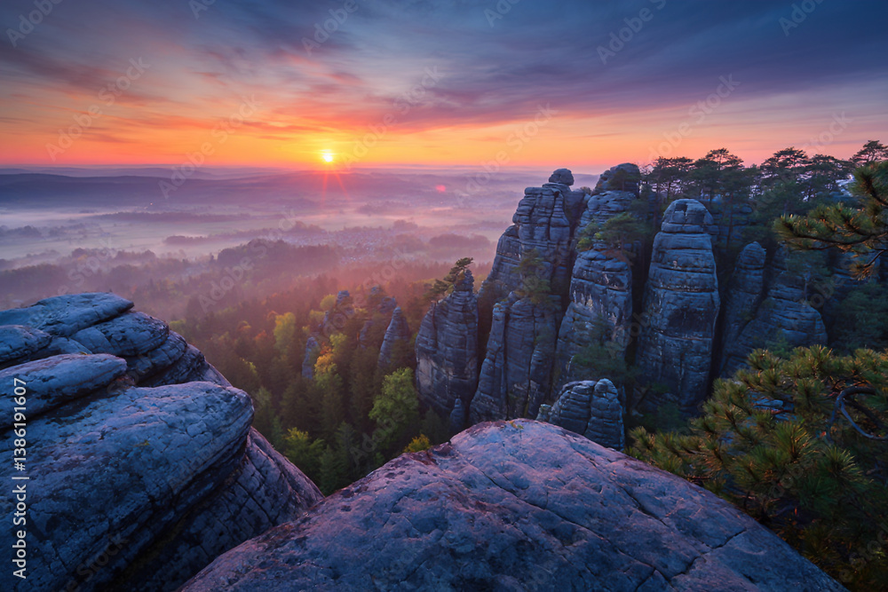 Sunrise on top of mountains, pine trees, foggy valley below, colorful sky, beautiful landscape with mountains