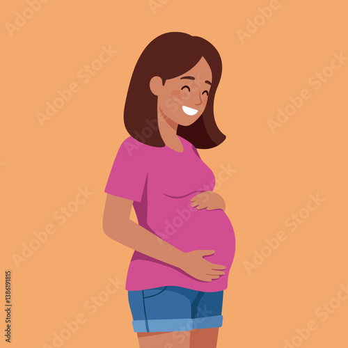 Happy pregnant woman in casual attire smiling joyfully against a warm background in flat vector art
