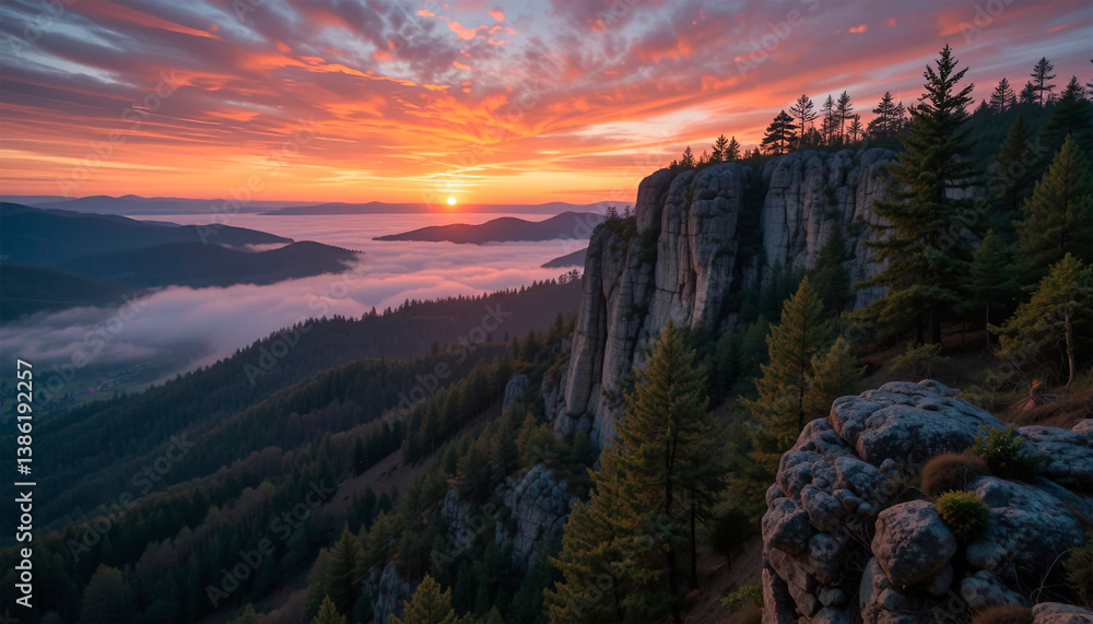 Sunrise on top of mountains, pine trees, foggy valley below, colorful sky, beautiful landscape with mountains