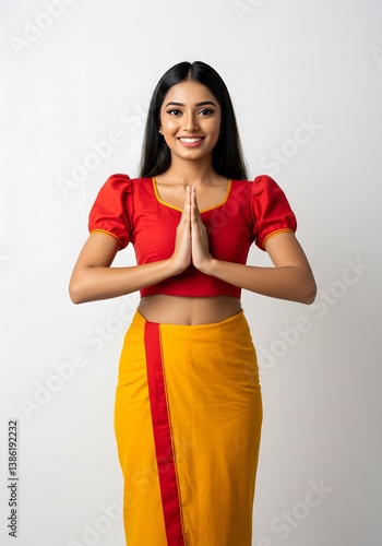Sri Lankan Avurudu Girl in Traditional Redda Hatte Red Outfit Ayubowan Pose