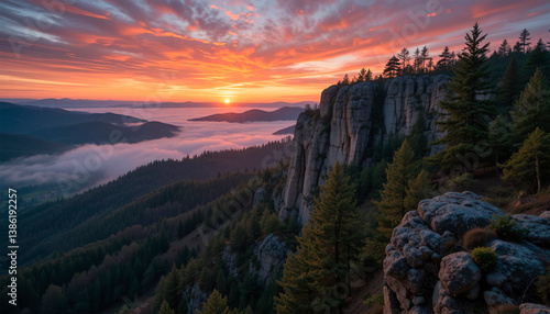 Obraz na płótnie Sunrise on top of mountains, pine trees, foggy valley below, colorful sky, beautiful landscape with mountains w salonie
