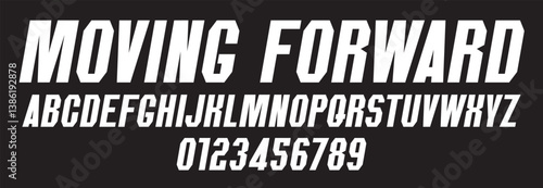 Heavy chopped simple italic font on the theme of urbanism, movement forward, speed. Set of letters and numbers of the Latin alphabet. 