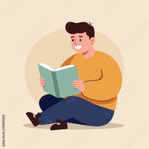 Young man sitting cross-legged on the floor, reading a book in a flat vector illustration