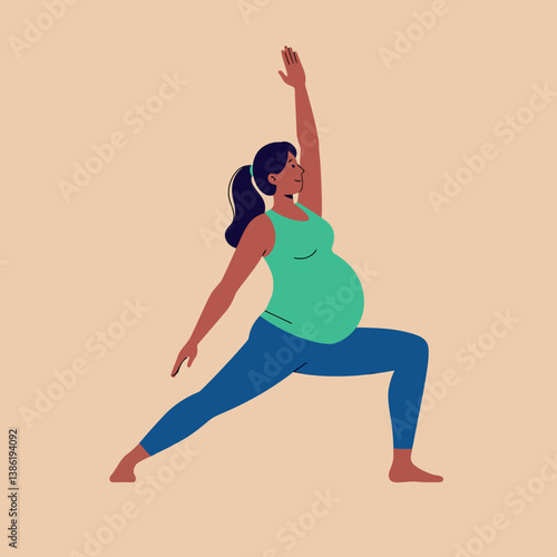 Pregnant woman practicing yoga in warrior pose, minimal style vector illustration