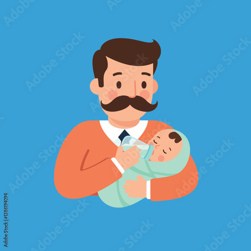Father holding a swaddled baby in a cozy gesture, flat vector illustration