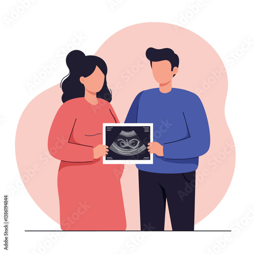 Expecting parents joyfully holding ultrasound image in flat vector art