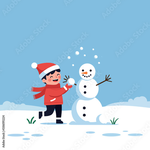 A cheerful child in a red winter outfit playing with a snowman in flat vector art