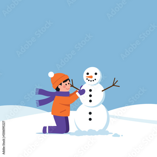 Child building a snowman in a snowy landscape with flat vector art