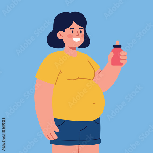 Pregnant woman smiling happily while holding a baby bottle in flat vector art