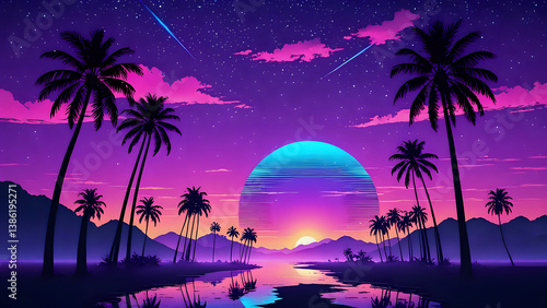 Retro Futuristic Neon Landscape with Glowing Sunset, Palm Trees Silhouettes. Synthwave Style. Purple and Blue  Gradient