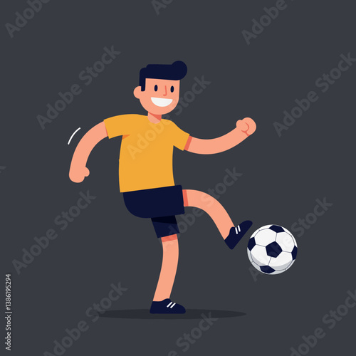 Young boy in yellow shirt playfully kicking a soccer ball in flat vector art