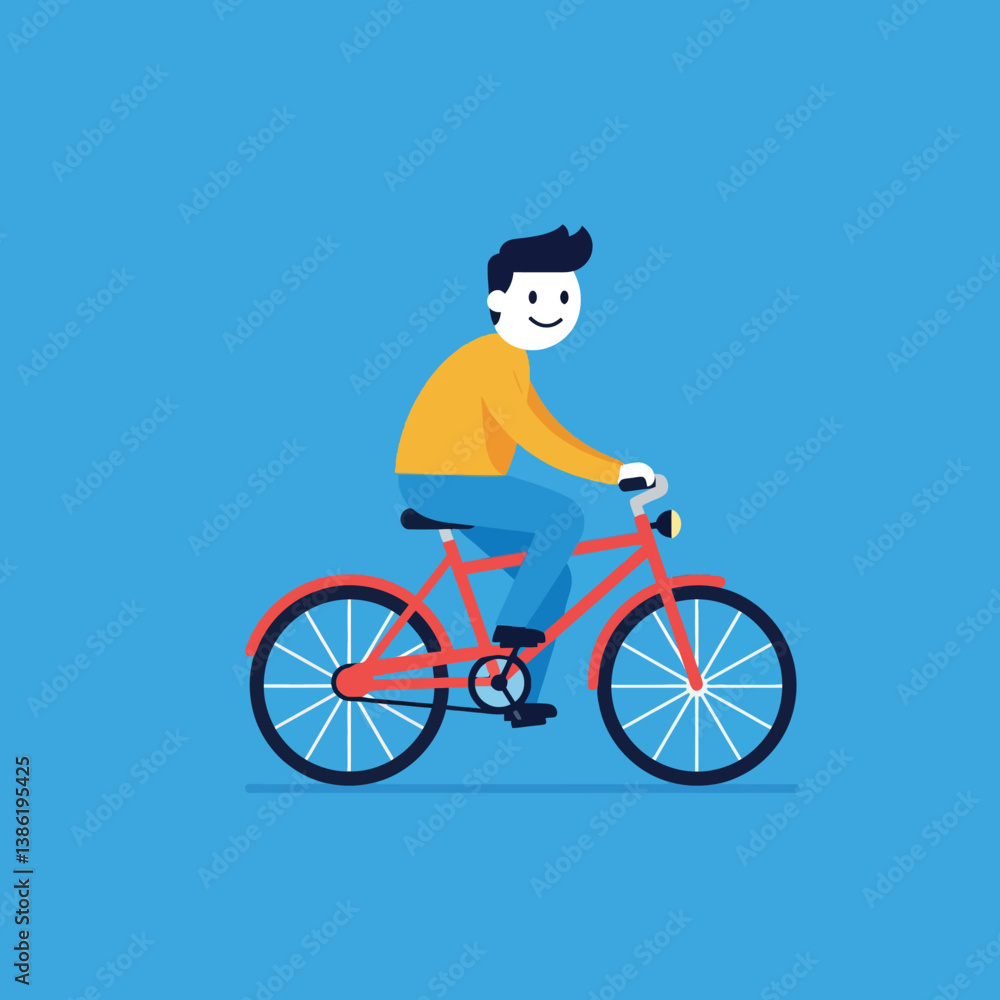 Fototapeta premium Cheerful young man riding a red bicycle in a flat style vector illustration