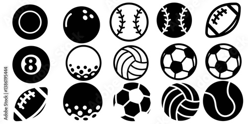 15 Sports Ball Icon Illustrations - Football, Soccer, Volleyball, Tennis, Baseball and More in Black and White 