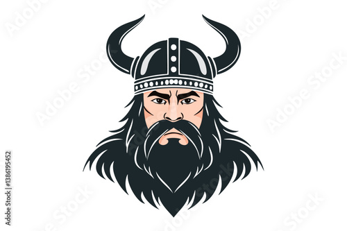 Portrait of a frowning angry viking warrior in a horned helmet