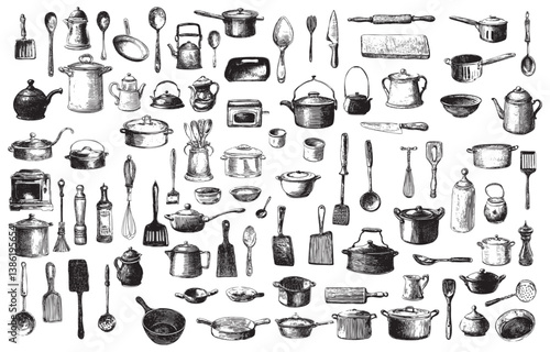 Hand-drawn vector illustration of kitchen utensils and cooking tools set, vintage-style drawing clip art collection on a white background, doodle-style sketch.