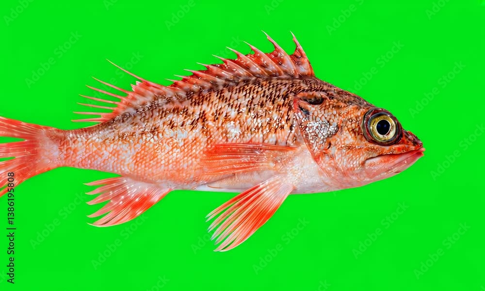 Red labrax fish isolated on green background Fish green screen animal for advertising and design. sea bass Red labrax fish isolated on green background Fish green screen animal for advertising and design. sea bass