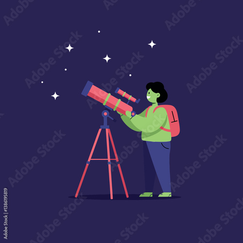 A child observing stars through a telescope in a night sky, flat vector illustration