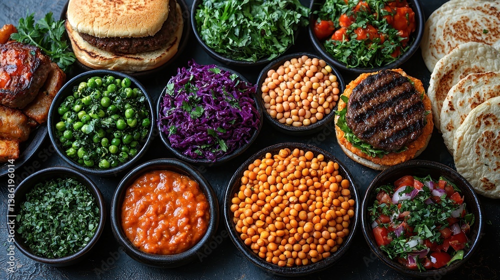 Vegetarian burger with assorted healthy sides. Vegetarian burger with assorted healthy sides.