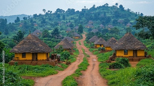 Rural African village nestled in lush green hills.