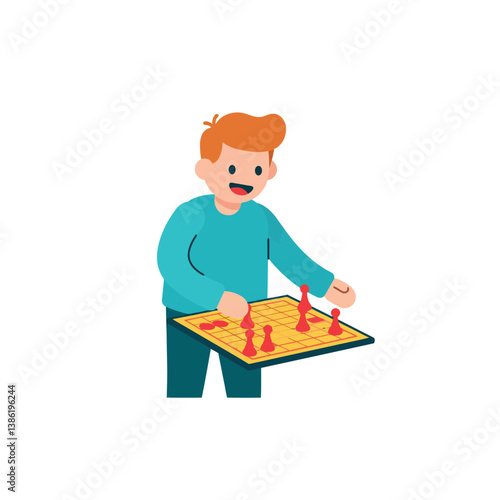 A cheerful boy playing a board game with bright colors and flat design vector art