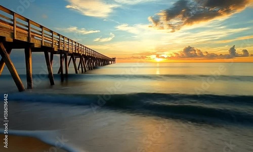 sunset on the beach through a bridge