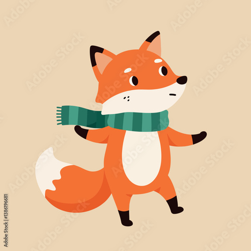 Cute orange fox wearing a green scarf in a flat design vector illustration