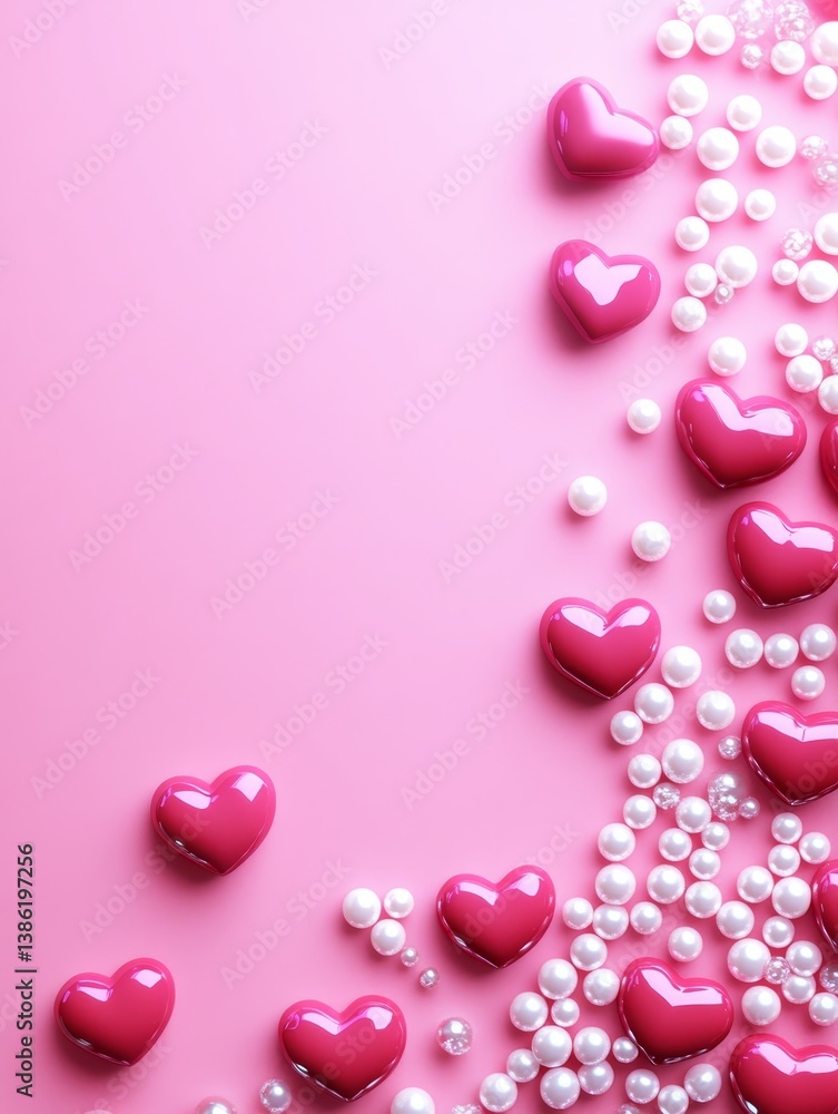 Pink Hearts and Pearls Scattered on Pink - Glossy pink hearts and pearls create a romantic and elegant design. Symbolizing love, romance, beauty, purity, and celebration Pink Hearts and Pearls Scattered on Pink - Glossy pink hearts and pearls create a romantic and elegant design. Symbolizing love, romance, beauty, purity, and celebration