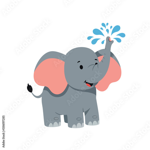 Playful baby elephant splashing water in a cheerful setting, flat vector illustration