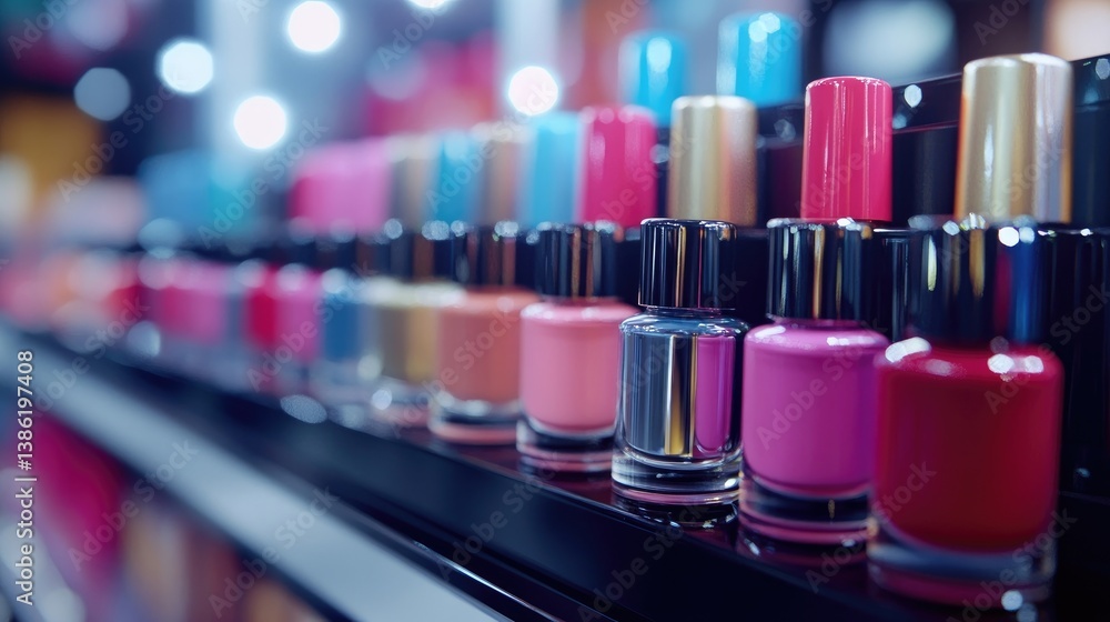 A stylish collection of nail polish bottles beside a nail art display A stylish collection of nail polish bottles beside a nail art display