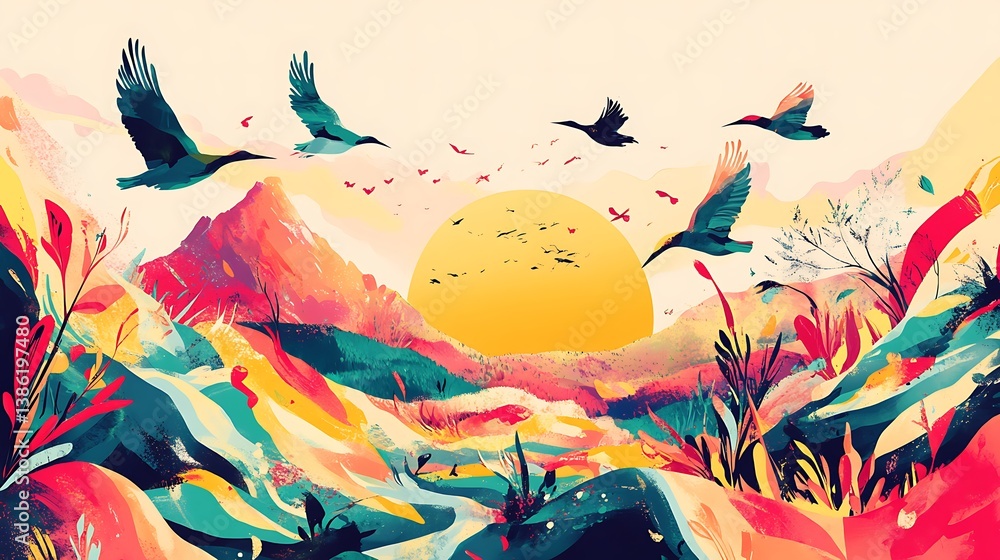Colorful birds soar over scenic mountains under a bright setting sun