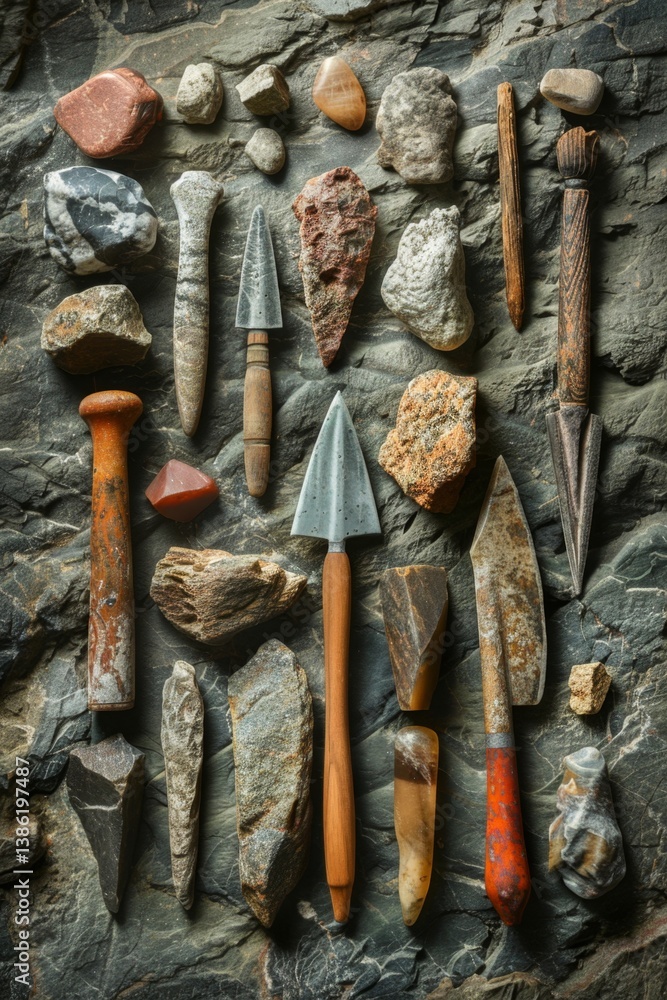 Vertical arrangement of early human stone tools including hand axes, spearheads, and scrapers on a natural surface Vertical arrangement of early human stone tools including hand axes, spearheads, and scrapers on a natural surface