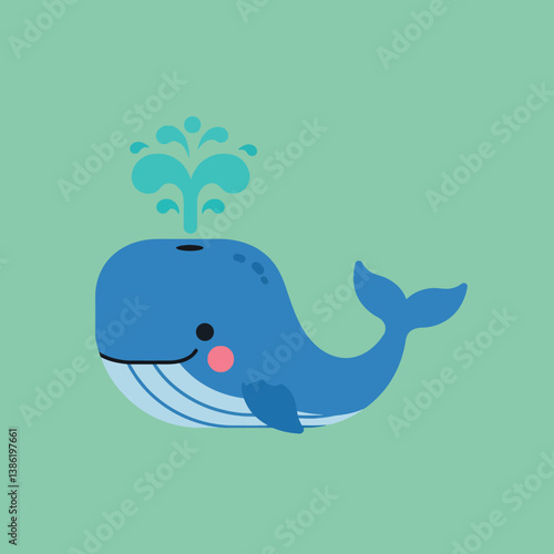 Cute blue whale swimming joyfully with water spouting in a playful, flat vector illustration