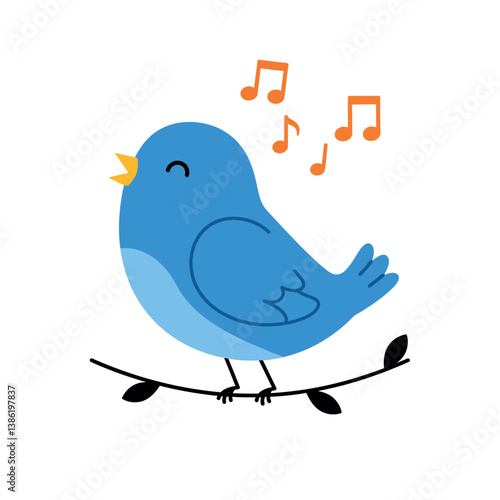 Happy blue bird singing on a branch in flat vector art