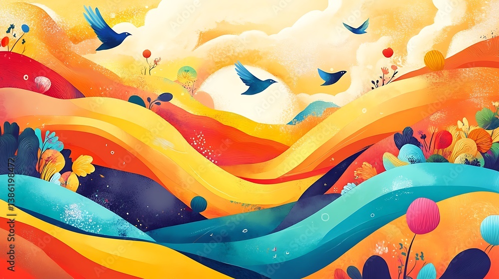 A colorful landscape with birds flying near a warm bright sun