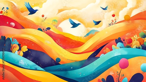 Obraz na płótnie A colorful landscape with birds flying near a warm bright sun w salonie