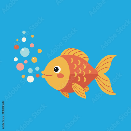 A cheerful goldfish swimming in a bright blue background with colorful bubbles, flat vector illustration