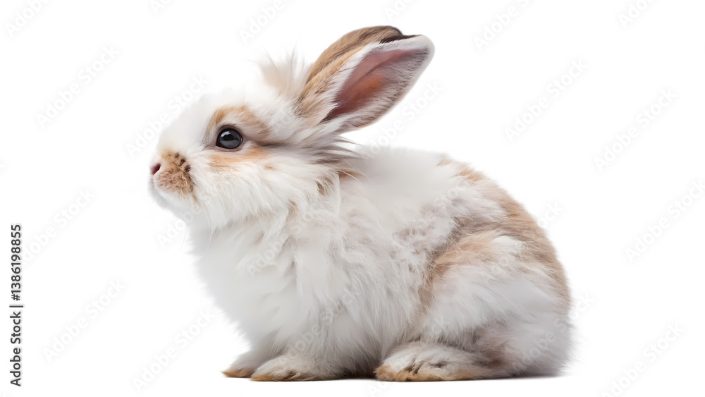 Cute Fluffy Bunny Sitting with Perked Ears on White Background Cute Fluffy Bunny Sitting with Perked Ears on White Background