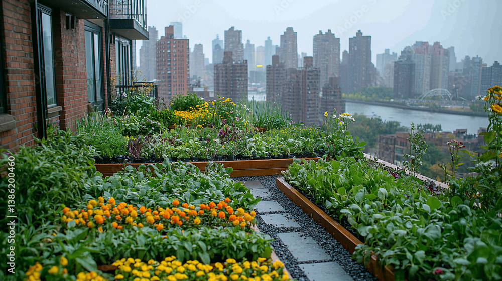 Fototapeta premium Urban rooftop garden, NYC view
