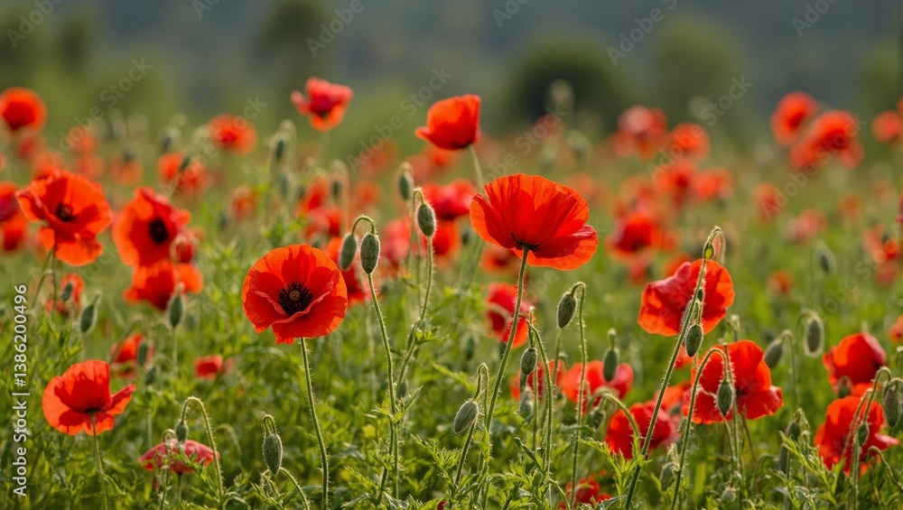 Naklejka premium Vibrant red poppy flowers close up in a lush green meadow showcasing their delicate beauty and vivid colors