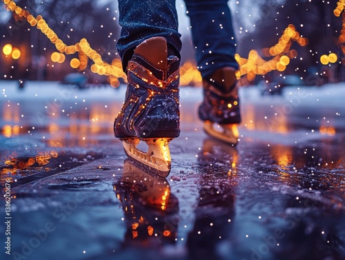 Ice Skating Under Twinkling Lights: A Winter's Night on Skates, Reflecting Festive Illumination and Snowy Splendor on the Frozen Surface